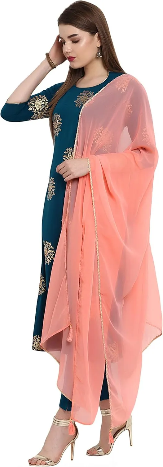 Janasya Indian Women's Teal Embellished Kurta Kurti Top Tunic Festive Wedding Party wear Kurta Set with Dupatta for Women