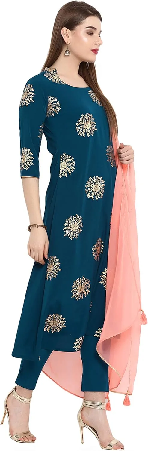 Janasya Indian Women's Teal Embellished Kurta Kurti Top Tunic Festive Wedding Party wear Kurta Set with Dupatta for Women