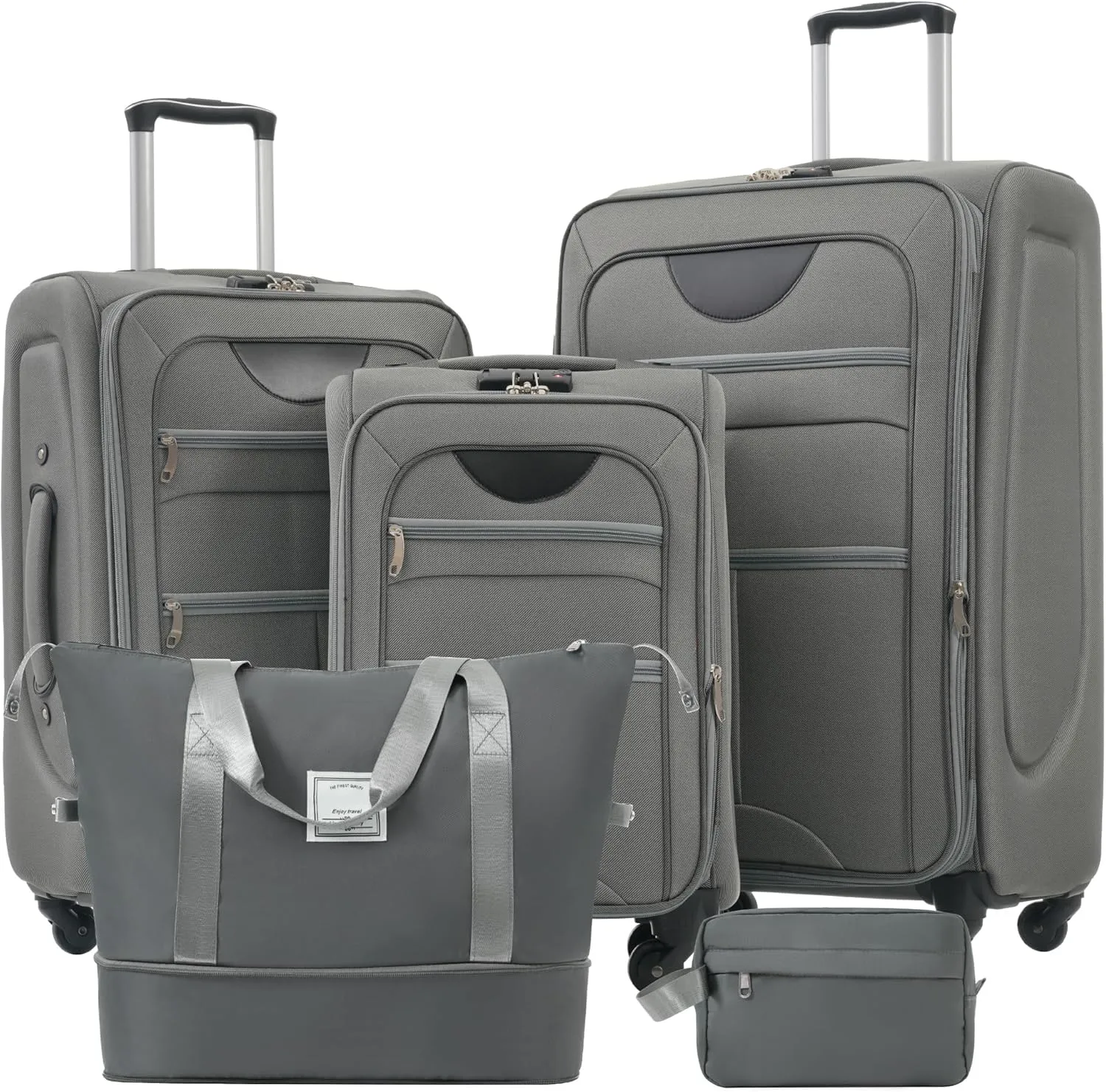 JCSD Travel with Ease: Expandable 3-Piece Softside Luggage Set, Lightweight Spinner Suitcases and Duffel Bag, Grey