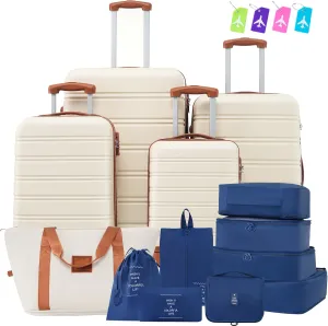 JCSD Travel with Ease using Lightweight Hardshell Luggage Set, 4 Pcs with Spinner Wheels, Expandable Design, Brown and White