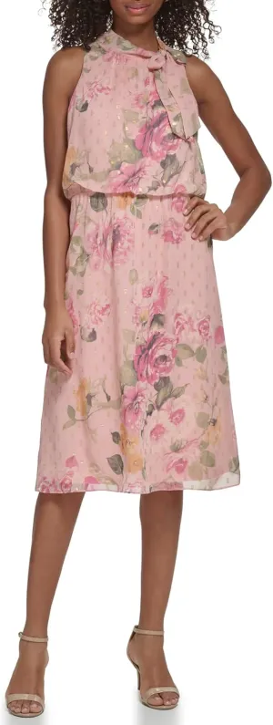 Jessica Howard Women's Fit and Flare Midi Dress with Tie Neck in Chiffon Lurex