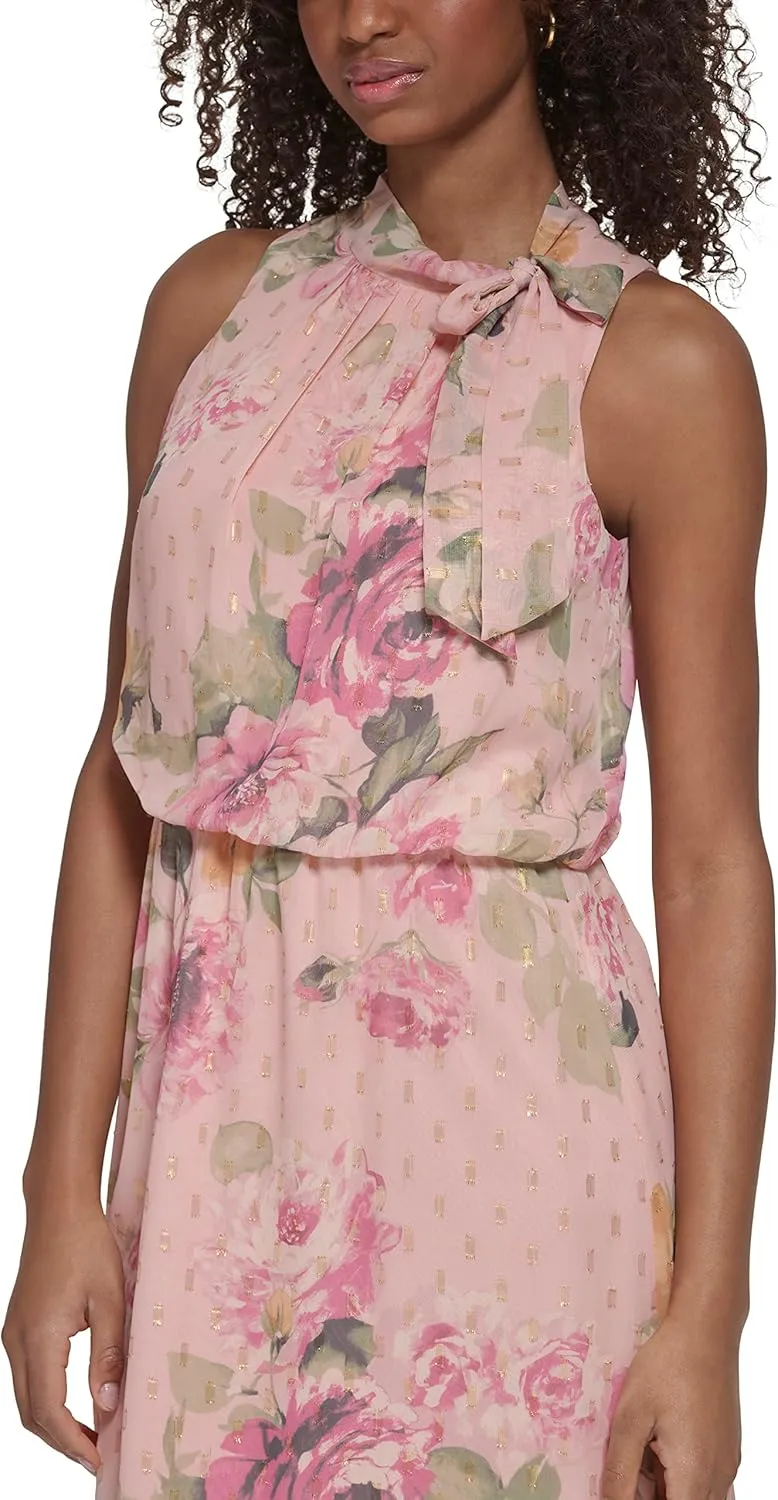 Jessica Howard Women's Fit and Flare Midi Dress with Tie Neck in Chiffon Lurex