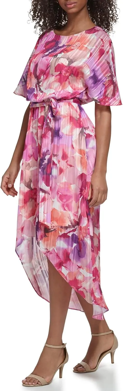 Jessica Howard Women's Floral Hi-lo Midi Dress  Short Sleeve Chiffon Lurex Cocktail Gown