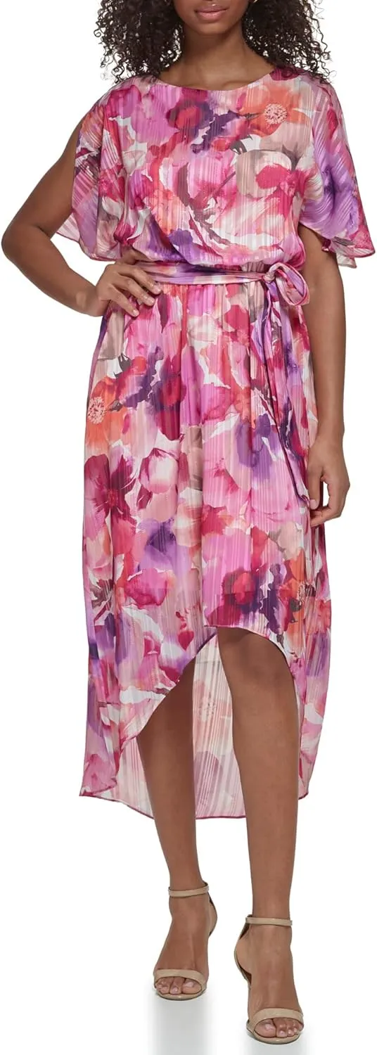 Jessica Howard Women's Floral Hi-lo Midi Dress  Short Sleeve Chiffon Lurex Cocktail Gown