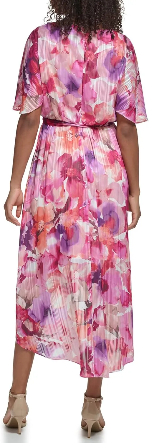 Jessica Howard Women's Floral Hi-lo Midi Dress  Short Sleeve Chiffon Lurex Cocktail Gown
