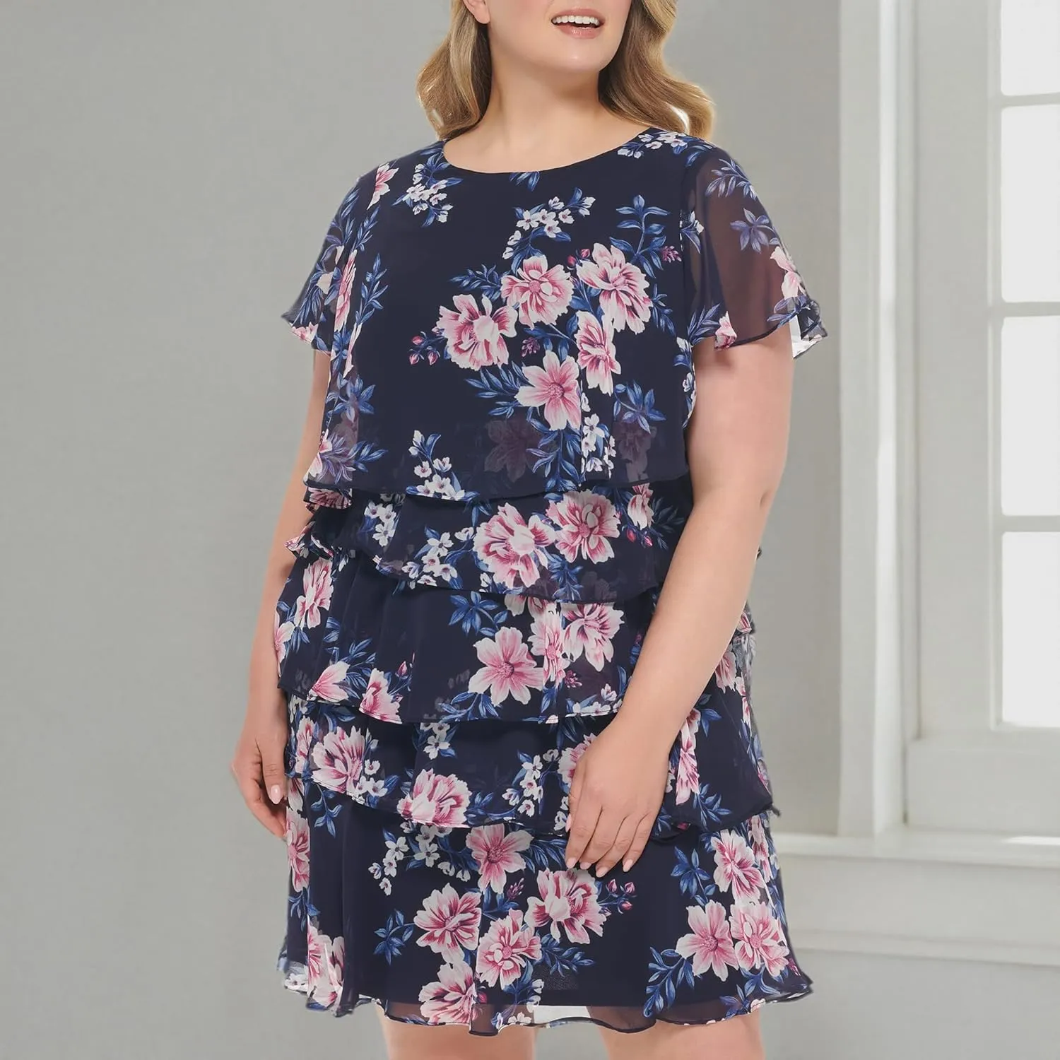 Jessica Howard Women's Floral Ruffle Chiffon Mini Shift Dress