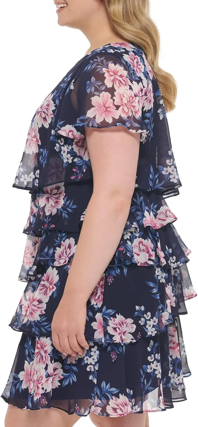 Jessica Howard Women's Floral Ruffle Chiffon Mini Shift Dress