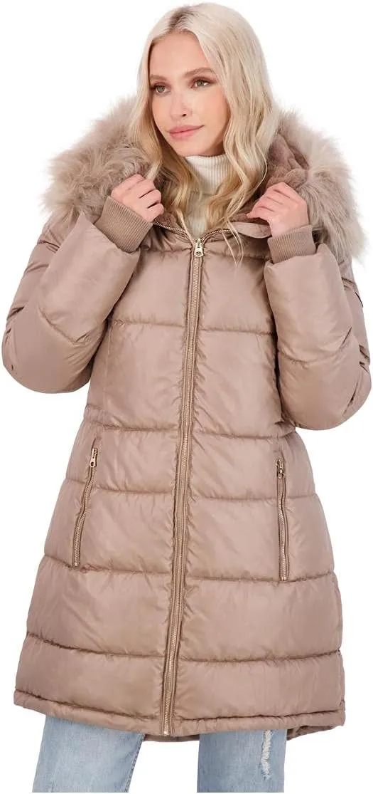 Jessica Simpson Puffer Coat for Women - Quilted Winter Coat w/Faux Fur Hood