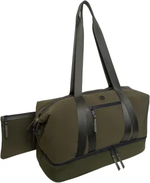 Joan & David 21" Weekender Yoga Gym Duffel Bag with Neoprene Zippered Drop Bottom Compartment Lined In Peva for Non-absorbtion of Odors, Detachable Pouch, Including TSA Approved Bottles (Olive)