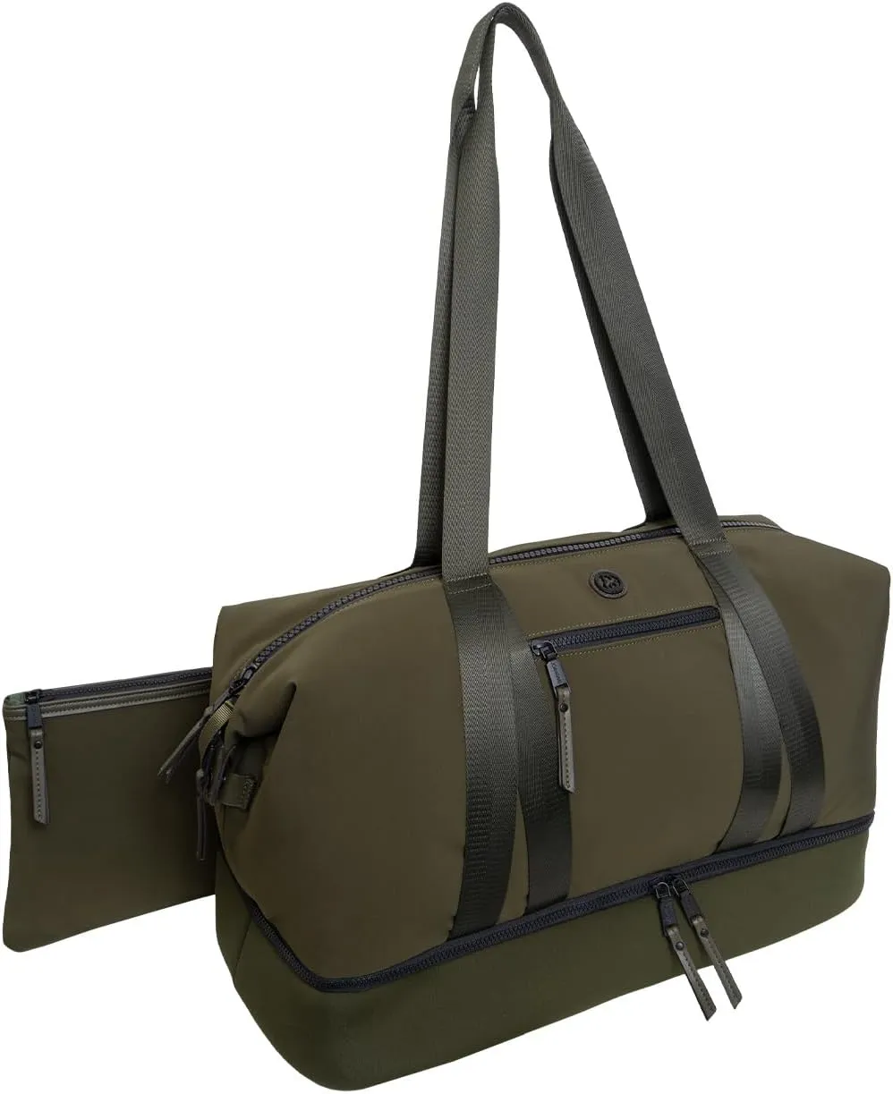 Joan & David 21" Weekender Yoga Gym Duffel Bag with Neoprene Zippered Drop Bottom Compartment Lined In Peva for Non-absorbtion of Odors, Detachable Pouch, Including TSA Approved Bottles (Olive)