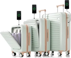 Kangmusi Luggage Set of 3, 20, 24, 28inch with USB Port, 20, 24inch Airline Certified Carry on Luggage with Cup Holder, ABS Hard Shell Luggage with Spinner Wheels, grey green