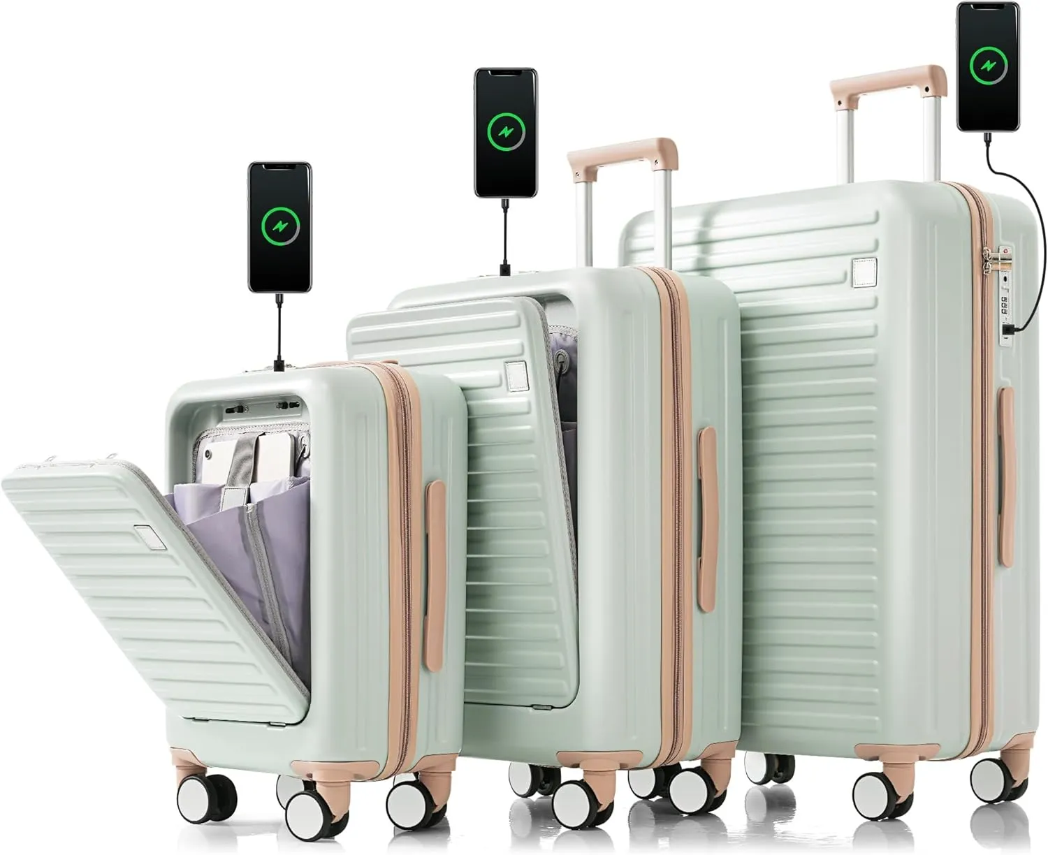 Kangmusi Luggage Set of 3, 20, 24, 28inch with USB Port, 20, 24inch Airline Certified Carry on Luggage with Cup Holder, ABS Hard Shell Luggage with Spinner Wheels, grey green