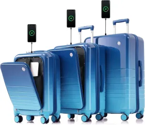 Kangmusi Luggage Set of 3, 20, 24, 28inch with USB Port, 20, 24inch with front opening design Airline Certified Carry on Luggage with Cup Holder and Spinner Wheels, blue