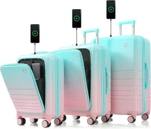 Kangmusi Luggage Set of 3, 20, 24, 28inch with USB Port, 20, 24inch with front opening design Airline Certified Carry on Luggage with Cup Holder and Spinner Wheels, light blue