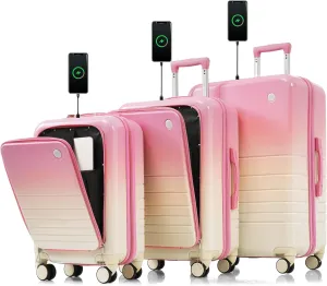 Kangmusi Luggage Set of 3, 20, 24, 28inch with USB Port, 20, 24inch with front opening design Airline Certified Carry on Luggage with Cup Holder and Spinner Wheels, pink
