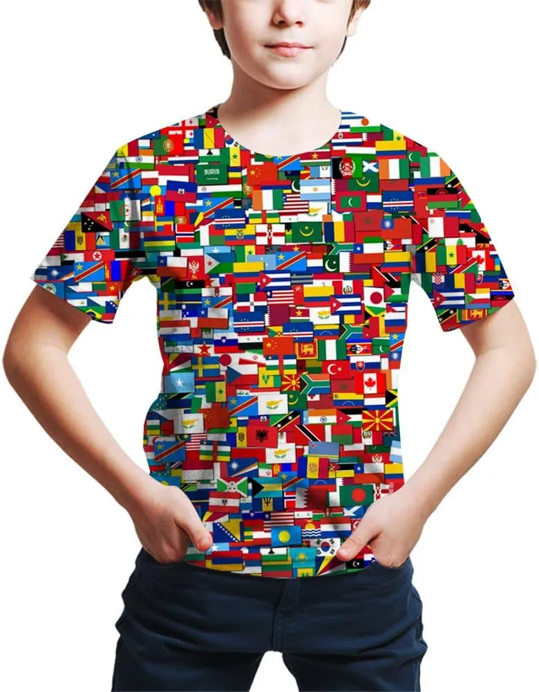 Kids Print 3D Print World Flags of The Countries Funny Graphic Pattern Holiday Tees Shirts for Youth Boys Girls 4-14 Years