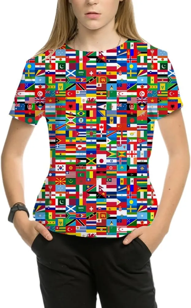 Kids Print 3D Print World Flags of The Countries Funny Graphic Pattern Holiday Tees Shirts for Youth Boys Girls 4-14 Years