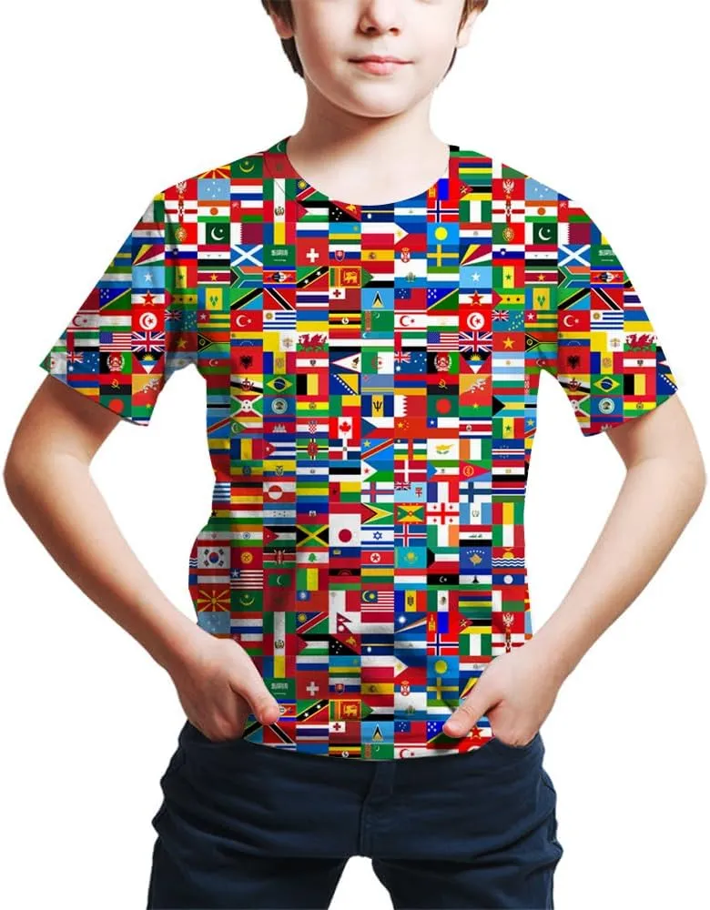 Kids Print 3D Print World Flags of The Countries Funny Graphic Pattern Holiday Tees Shirts for Youth Boys Girls 4-14 Years