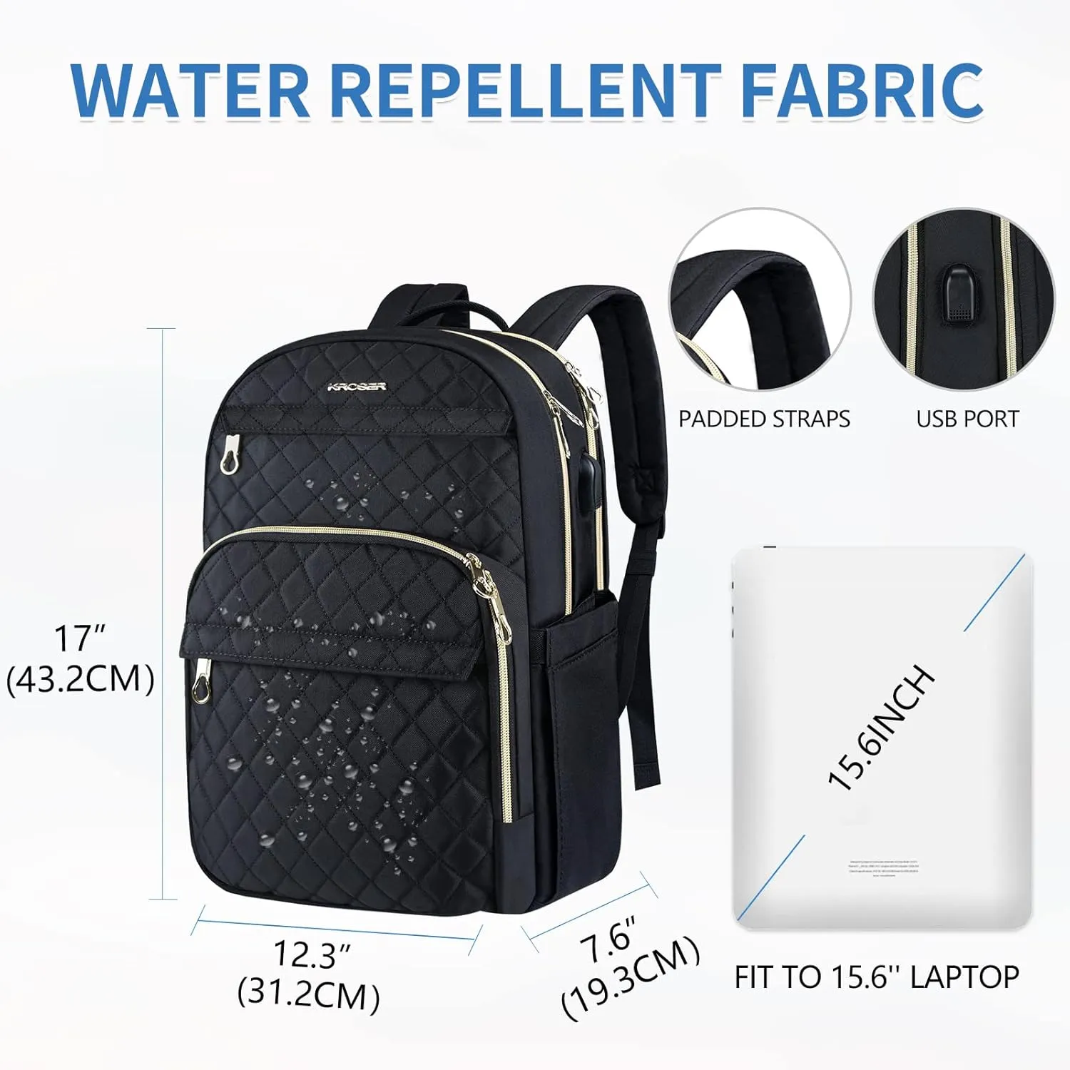 KROSER Laptop Backpack 15.6 Inch Stylish Daypack with USB Charging Port, Water-repellent Nylon Backpack Backpack for Travel/Business/Women/Black