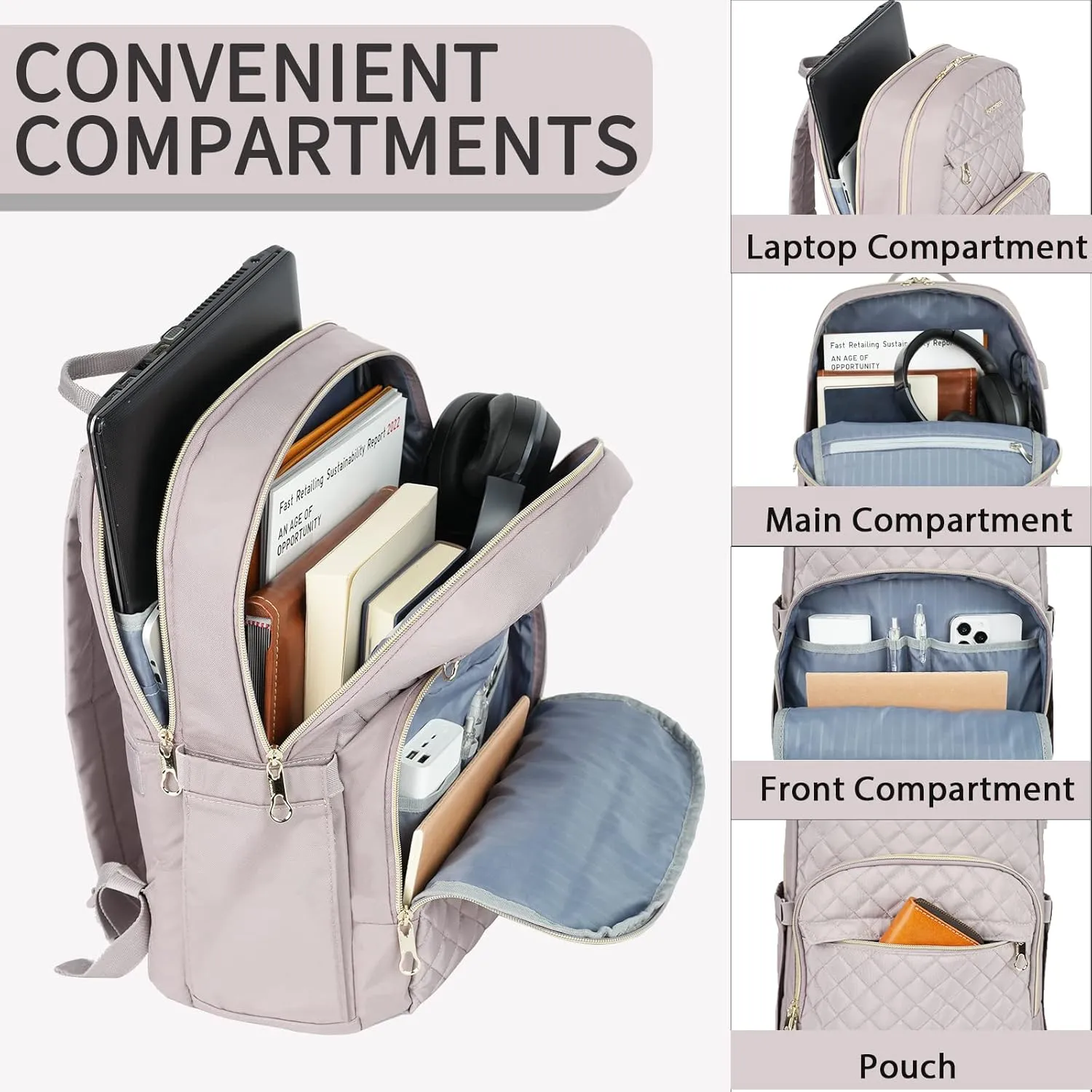 KROSER Laptop Backpack for Women 15.6 Inch Stylish Daypack with USB Charging Port, Water-repellent Nylon Backpack for Travel/Business, Dusty Pink