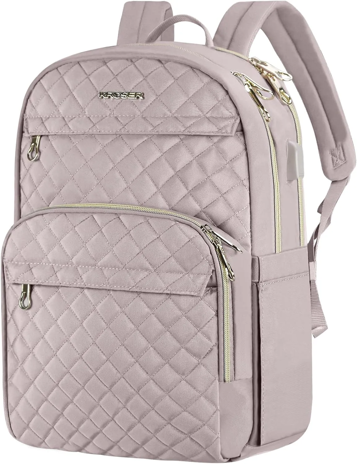 KROSER Laptop Backpack for Women 15.6 Inch Stylish Daypack with USB Charging Port, Water-repellent Nylon Backpack for Travel/Business, Dusty Pink