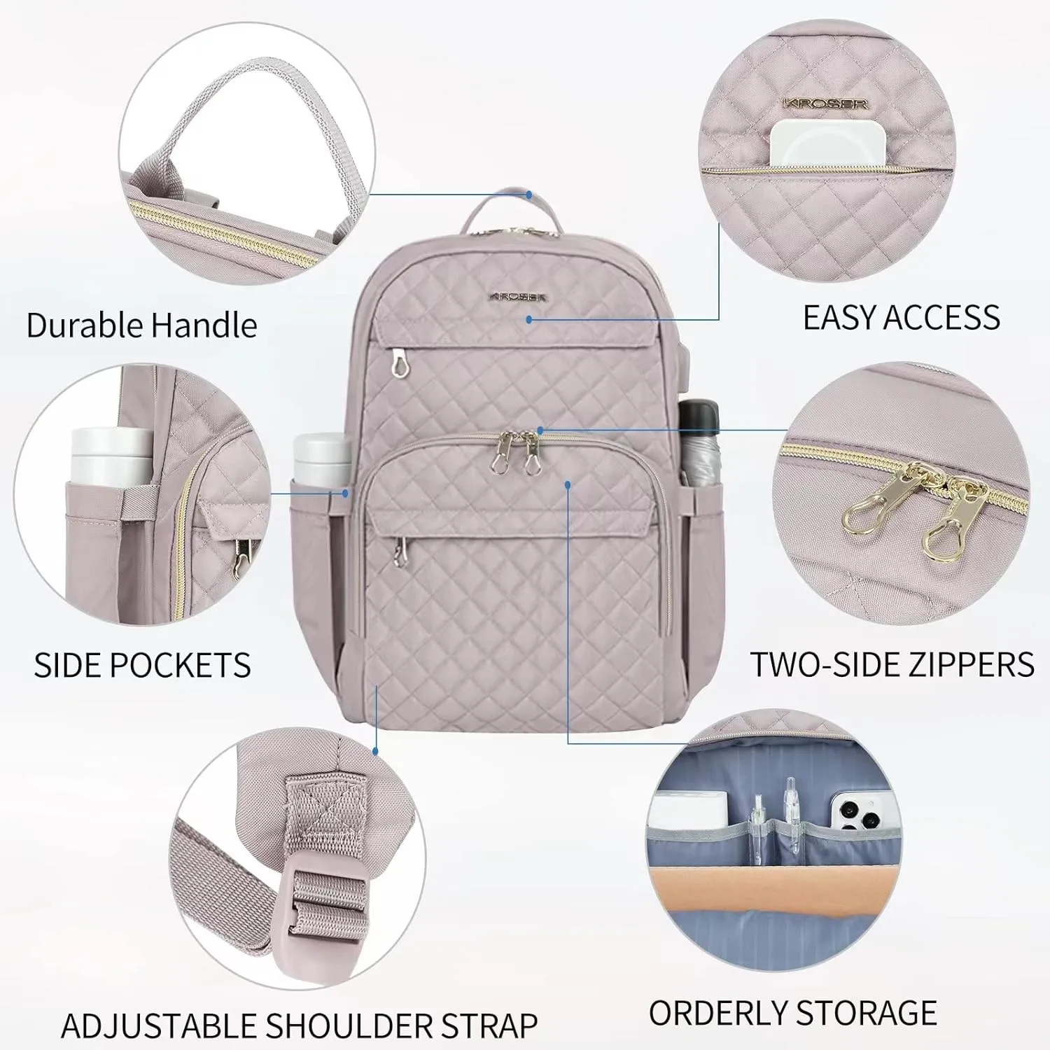 KROSER Laptop Backpack for Women 15.6 Inch Stylish Daypack with USB Charging Port, Water-repellent Nylon Backpack for Travel/Business, Dusty Pink