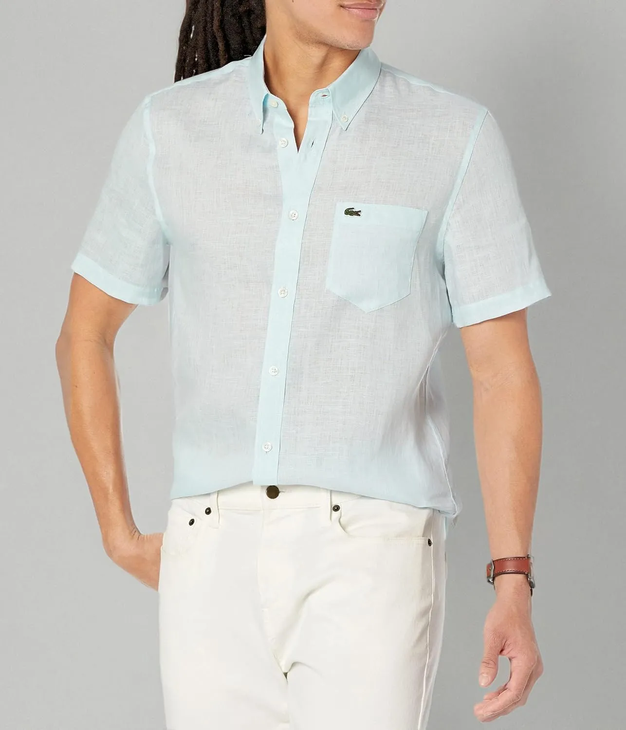 Lacoste Men's Short Sleeve Regular Fit Linen Button Down Shirt with Front Pocket