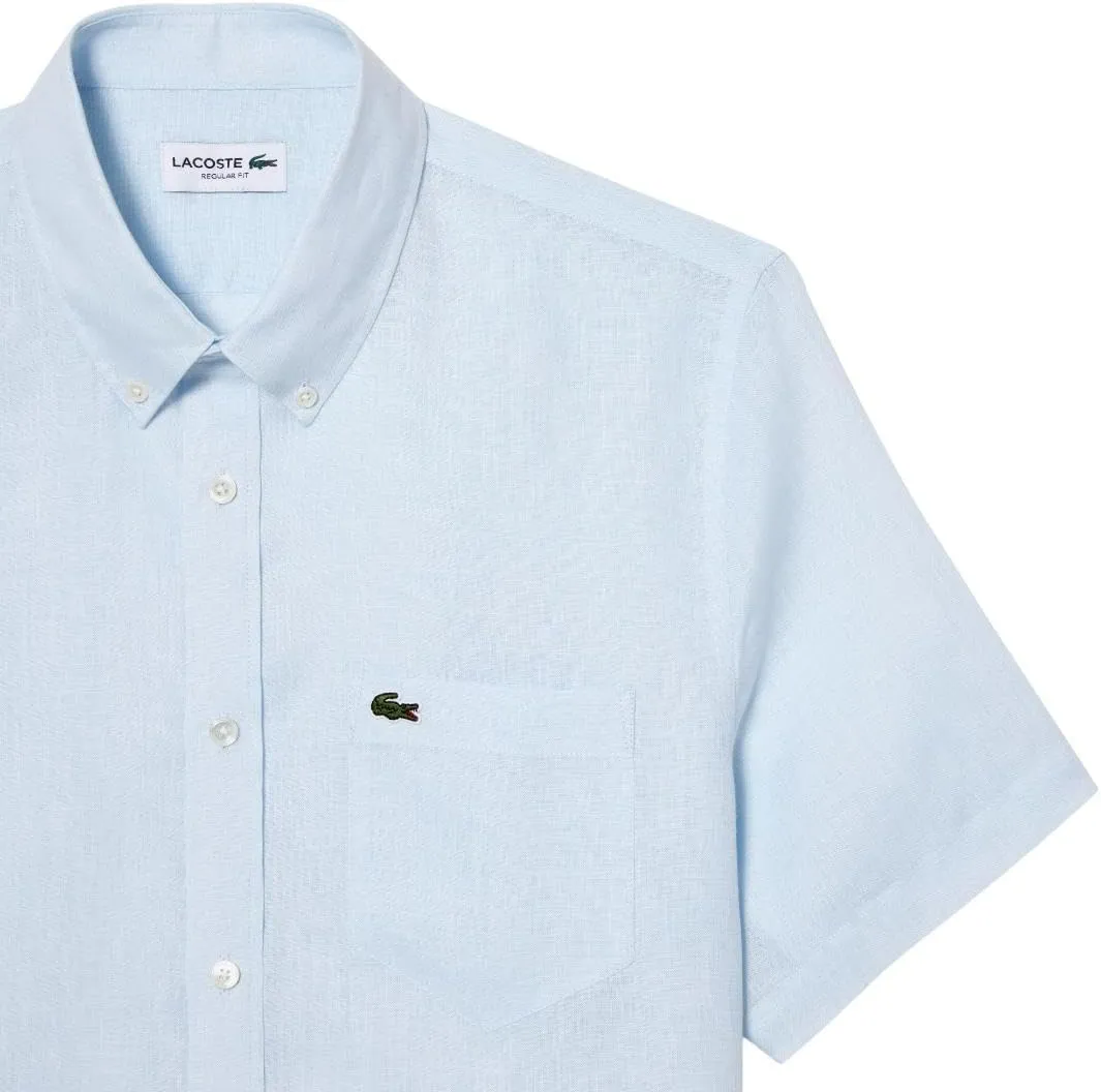 Lacoste Men's Short Sleeve Regular Fit Linen Button Down Shirt with Front Pocket
