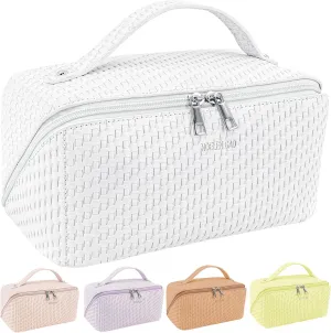 Large Capacity Travel Makeup Bag for Women,Portable Cosmetic Bag , New Popular PU Leather Waterproof Cosmetic Bag,Travel Makeup Bag With Handle and Divider Makeup Organizer Easy Access. (White)