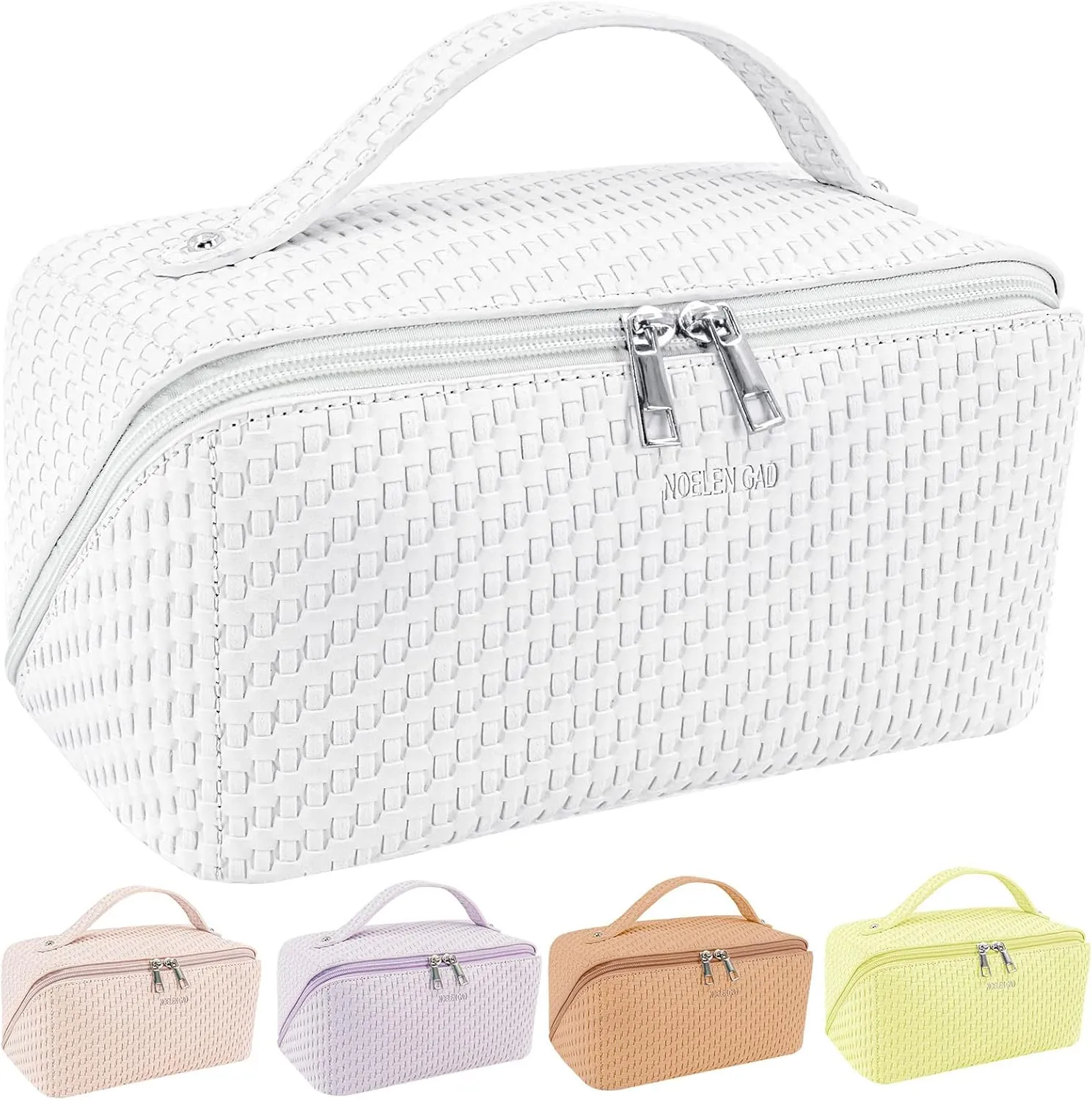 Large Capacity Travel Makeup Bag for Women,Portable Cosmetic Bag , New Popular PU Leather Waterproof Cosmetic Bag,Travel Makeup Bag With Handle and Divider Makeup Organizer Easy Access. (White)