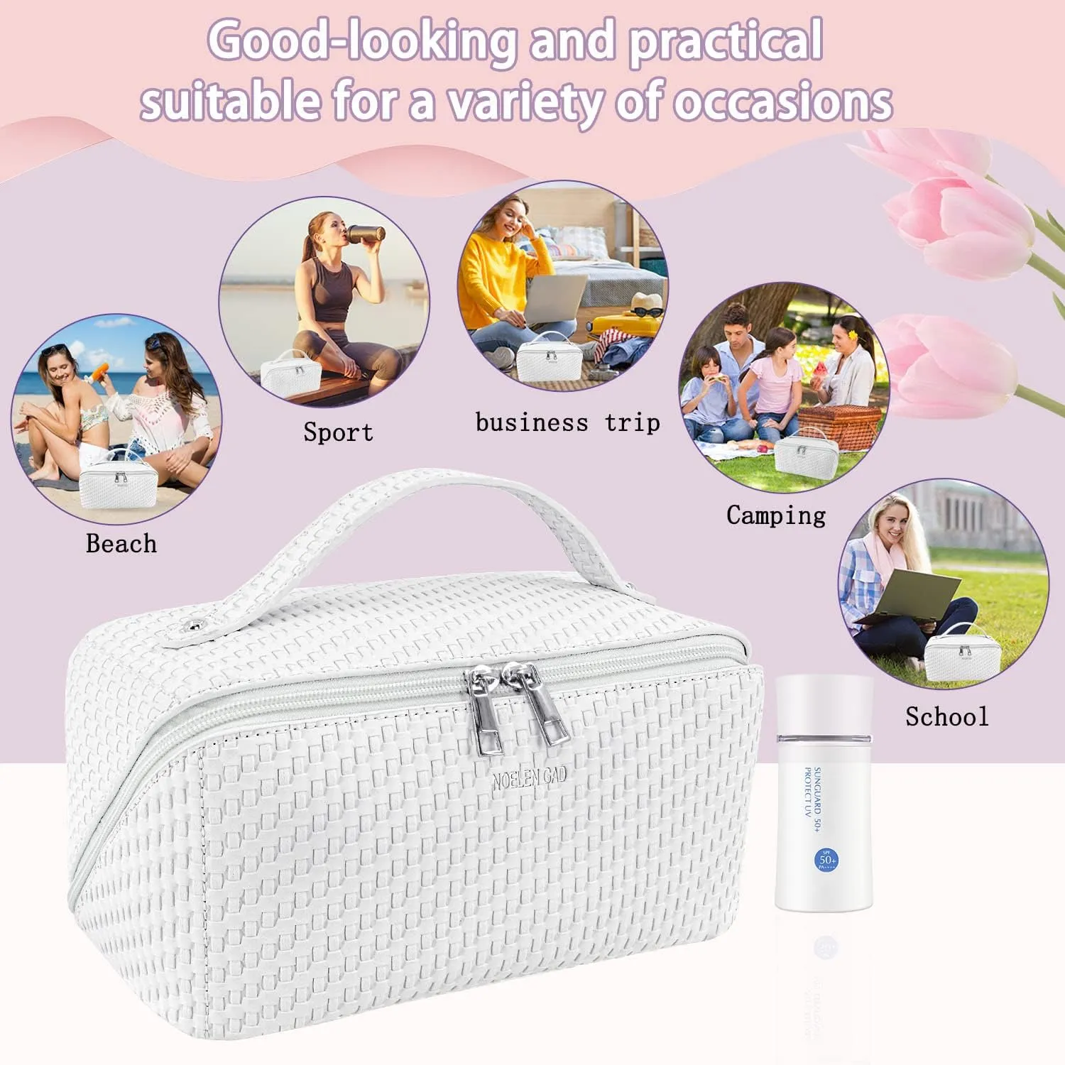 Large Capacity Travel Makeup Bag for Women,Portable Cosmetic Bag , New Popular PU Leather Waterproof Cosmetic Bag,Travel Makeup Bag With Handle and Divider Makeup Organizer Easy Access. (White)