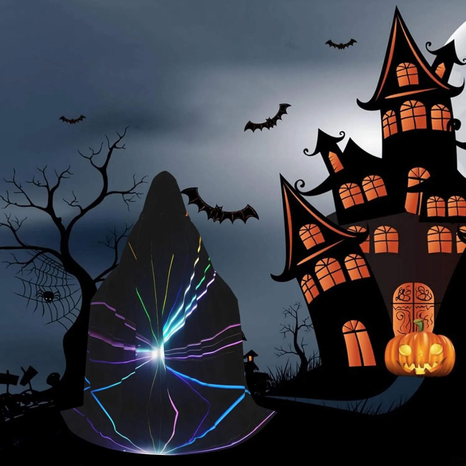 Laser Light Print Unisex Hooded Robe Cloak Vampire Witch Cape Cosplay Costume For Halloween Cosplay