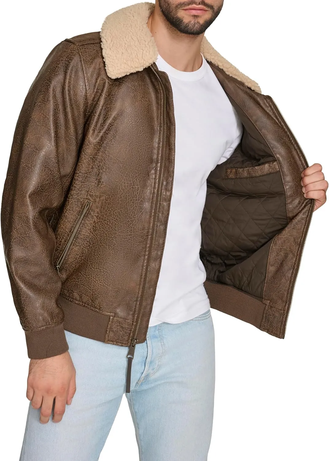 Levi's Men's Faux Leather Aviator Bomber Jacket with Sherpa Collar
