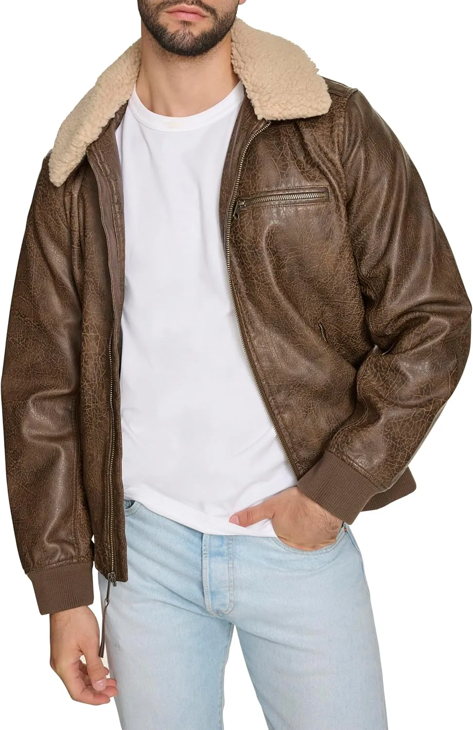 Levi's Men's Faux Leather Aviator Bomber Jacket with Sherpa Collar