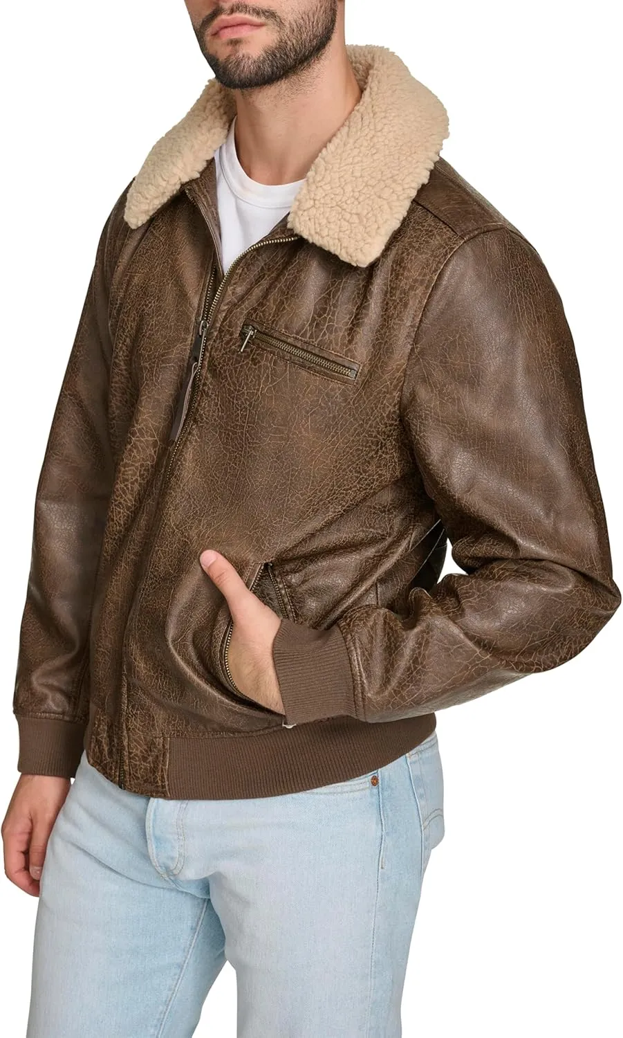 Levi's Men's Faux Leather Aviator Bomber Jacket with Sherpa Collar