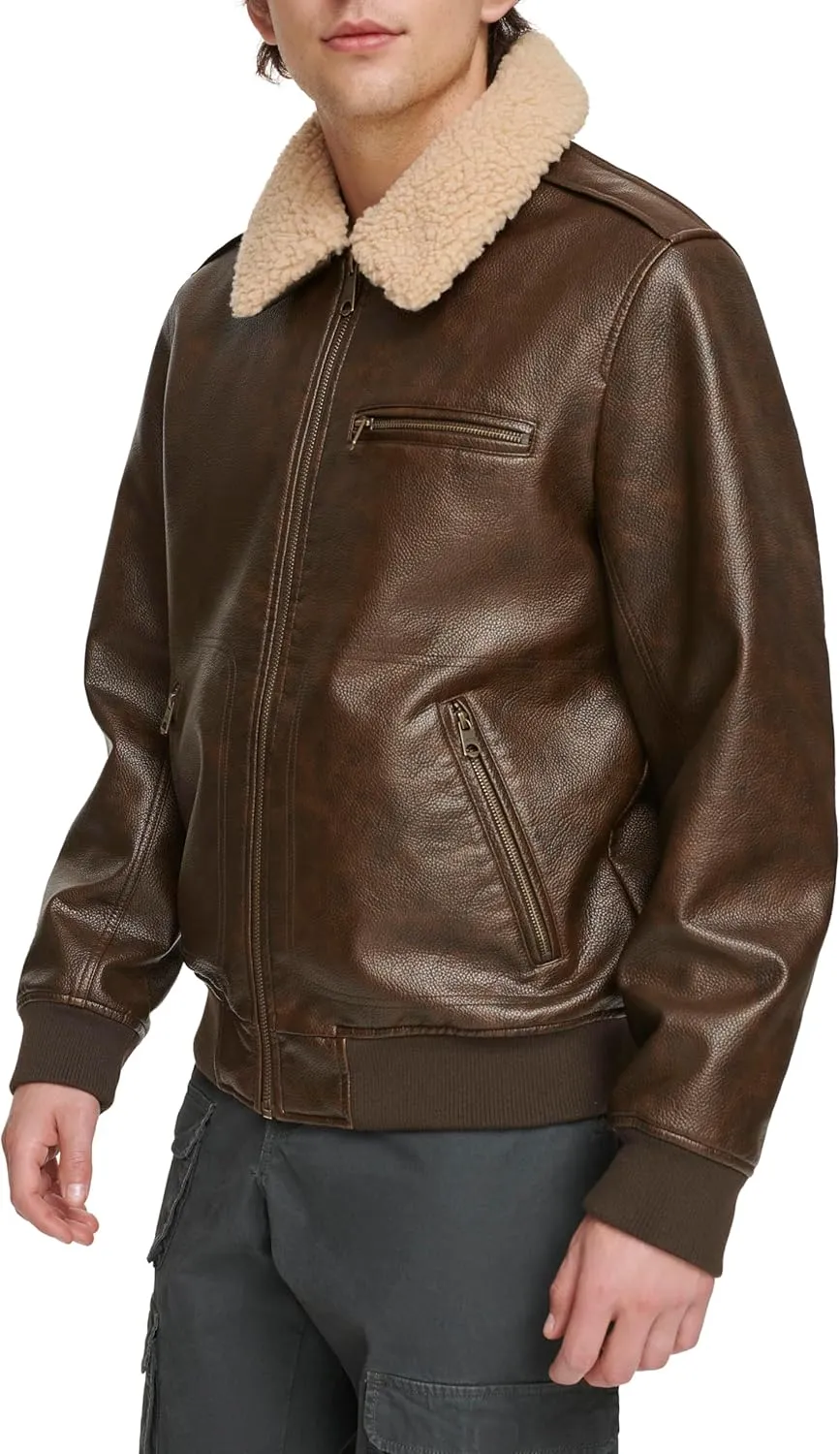 Levi's Men's Faux Leather Aviator Bomber Jacket with Sherpa Collar