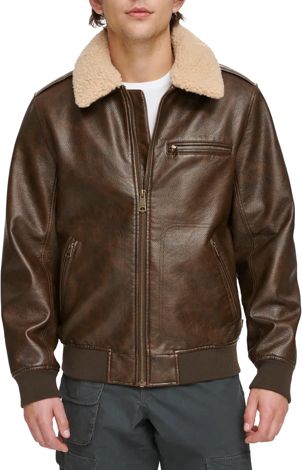 Levi's Men's Faux Leather Aviator Bomber Jacket with Sherpa Collar