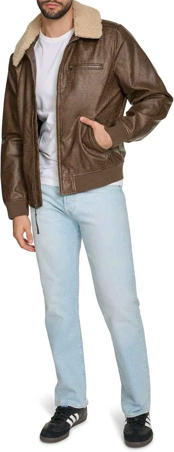 Levi's Men's Faux Leather Aviator Bomber Jacket with Sherpa Collar