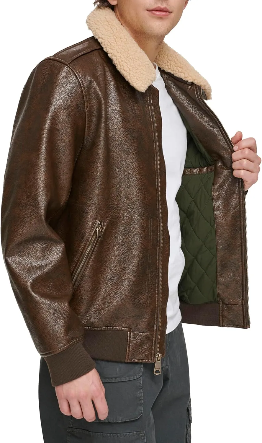 Levi's Men's Faux Leather Aviator Bomber Jacket with Sherpa Collar