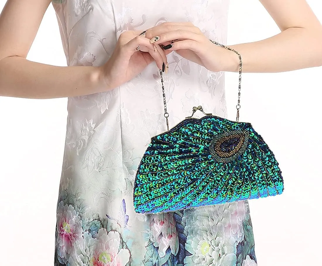 LIFEWISH Women's Unique Luxury Sequins Beaded Evening Bag Wedding Bridal Party Prom Clutch Purse tote HandbagPeacock blue