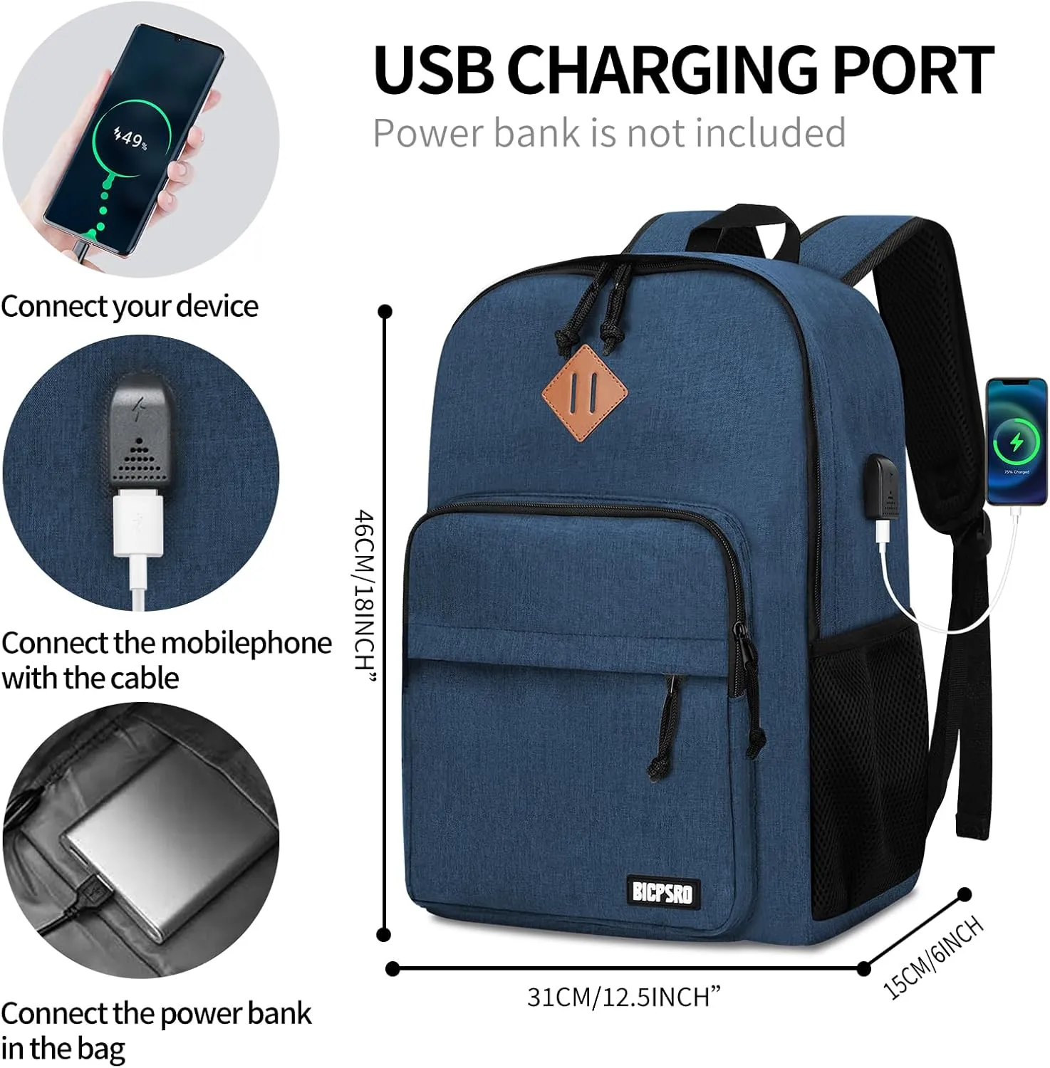 Lightweight Backpack for Men Women, School Backpack for Girls Boys Teen, Colloge High School Backpack with USB Charging Port, Simple Daily use Bookbag, Kids Book Bag, Mochilas Escolares para,Blue
