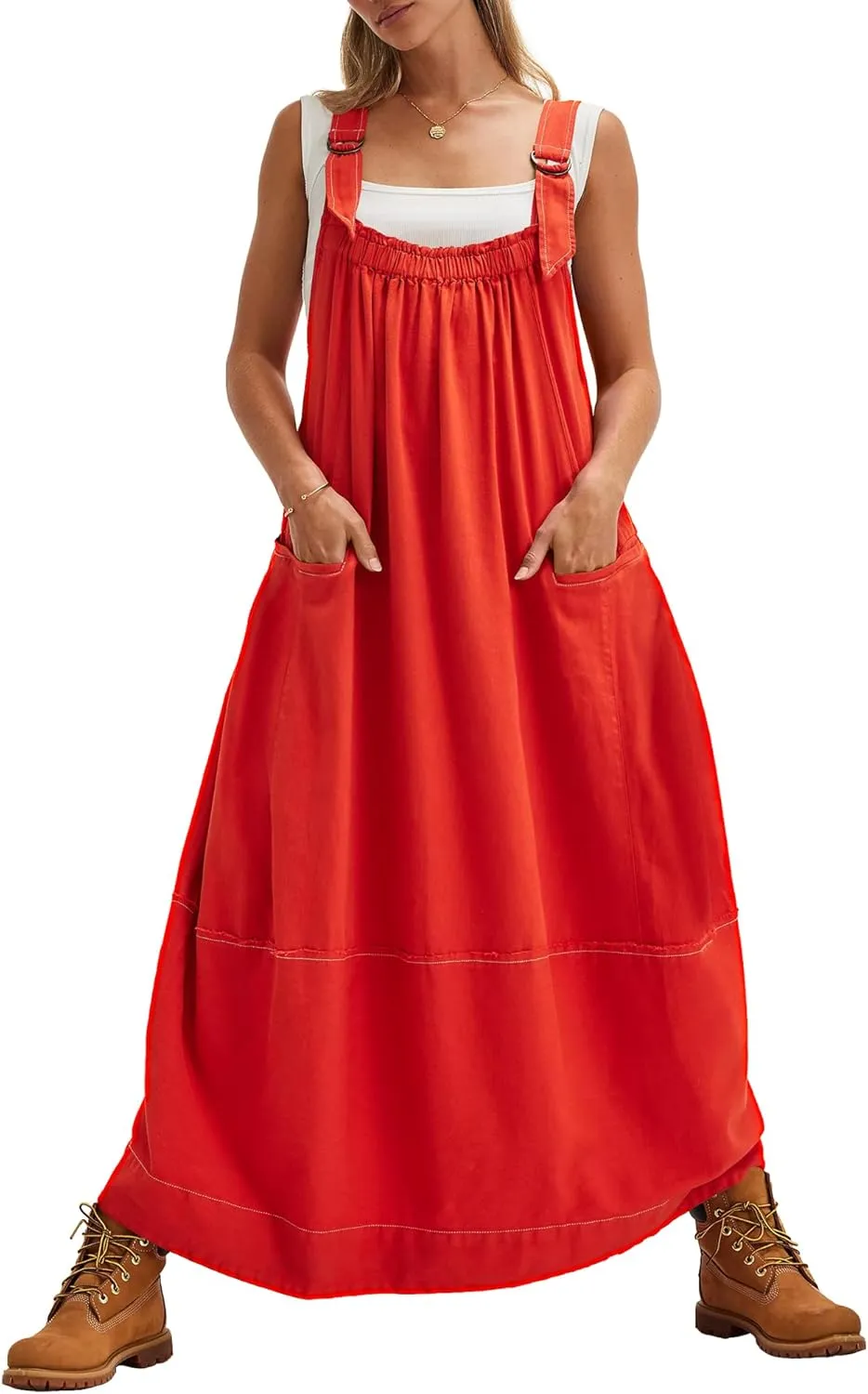 Locachy Women's Casual Midi Dress Baggy Loose Adjustable Straps Maxi Length Overall Jumpsuits with Pockets