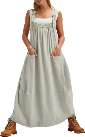Locachy Women's Casual Midi Dress Baggy Loose Adjustable Straps Maxi Length Overall Jumpsuits with Pockets