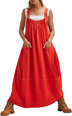 Locachy Women's Casual Midi Dress Baggy Loose Adjustable Straps Maxi Length Overall Jumpsuits with Pockets