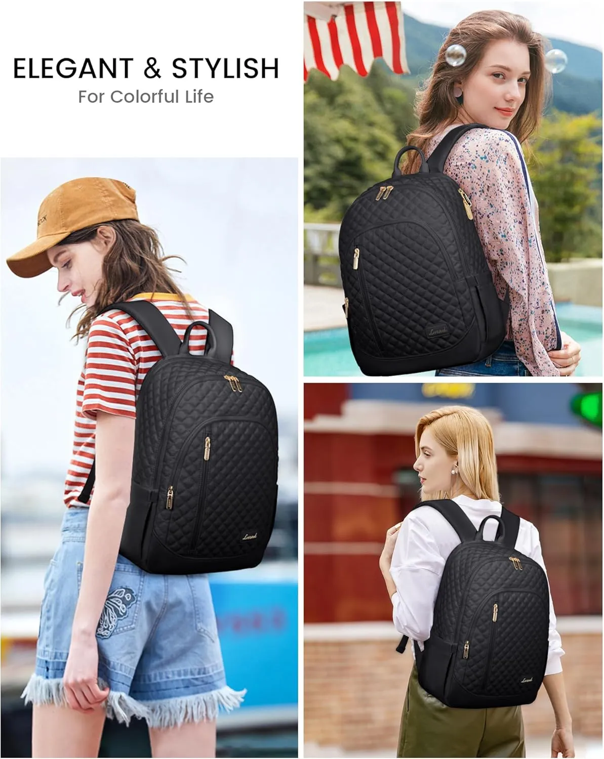 LOVEVOOK Travel Backpack for Women,17 Inch Laptop Work Business College Backpack Purse,Large Capacity Anti Theft Nurse Computer Bag,Lightweight Quilted Travel Backpacks for Weekender,Black