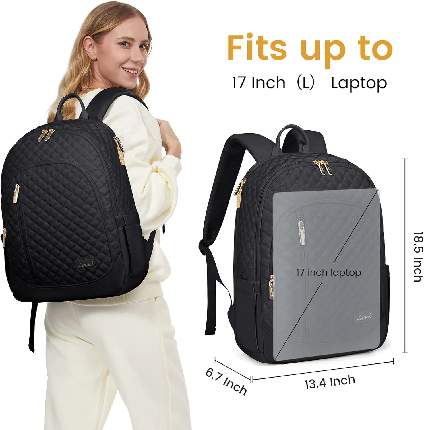 LOVEVOOK Travel Backpack for Women,17 Inch Laptop Work Business College Backpack Purse,Large Capacity Anti Theft Nurse Computer Bag,Lightweight Quilted Travel Backpacks for Weekender,Black