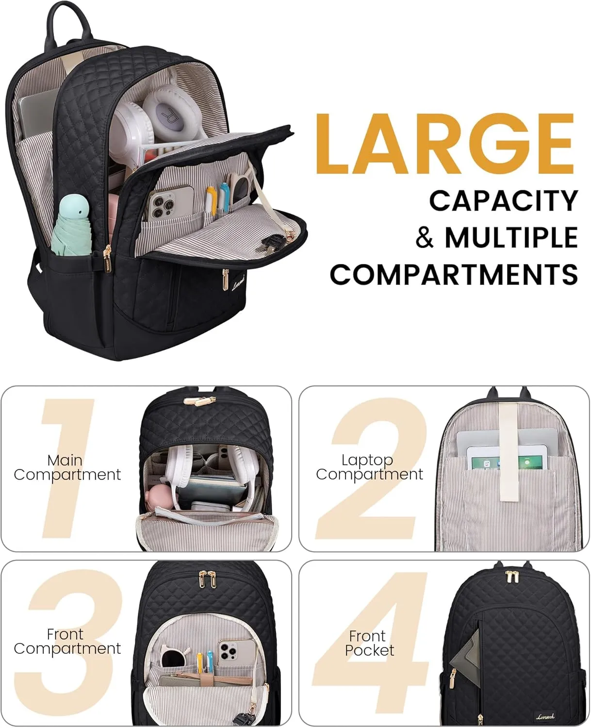 LOVEVOOK Travel Backpack for Women,17 Inch Laptop Work Business College Backpack Purse,Large Capacity Anti Theft Nurse Computer Bag,Lightweight Quilted Travel Backpacks for Weekender,Black