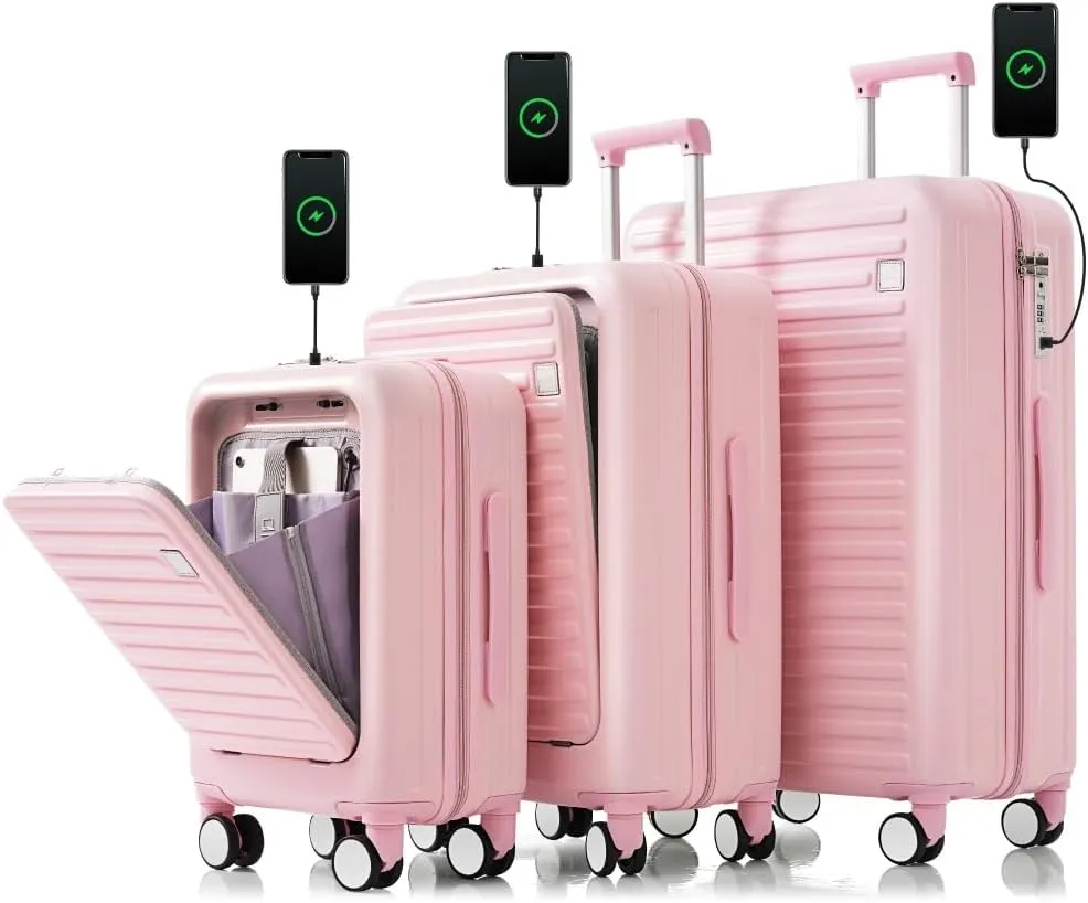 Luggage Set of 3, 20, 24, 28inch with USB Port, 20, 24inch with front opening design Airline Certified Carry on Luggage with Cup Holder, ABS Hard Shell Luggage with Spinner Wheels, pink