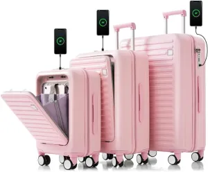 Luggage Set of 3, 20, 24, 28inch with USB Port, 20, 24inch with front opening design Airline Certified Carry on Luggage with Cup Holder, ABS Hard Shell Luggage with Spinner Wheels, pink