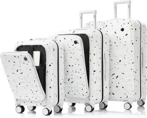 Luggage Set of 3, 20, 24, 28inch with USB Port, 20, 24inch with front opening design Airline Certified Carry on Luggage with Cup Holder, ABS PC Hard Shell Luggage with Spinner Wheels, Ivory